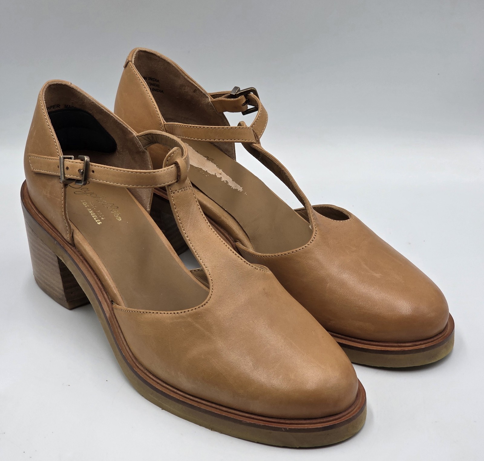Seychelles Soulmate Size 10 Tan Leather T-Strap Mary Jane Block Heel Pumps 2.5in