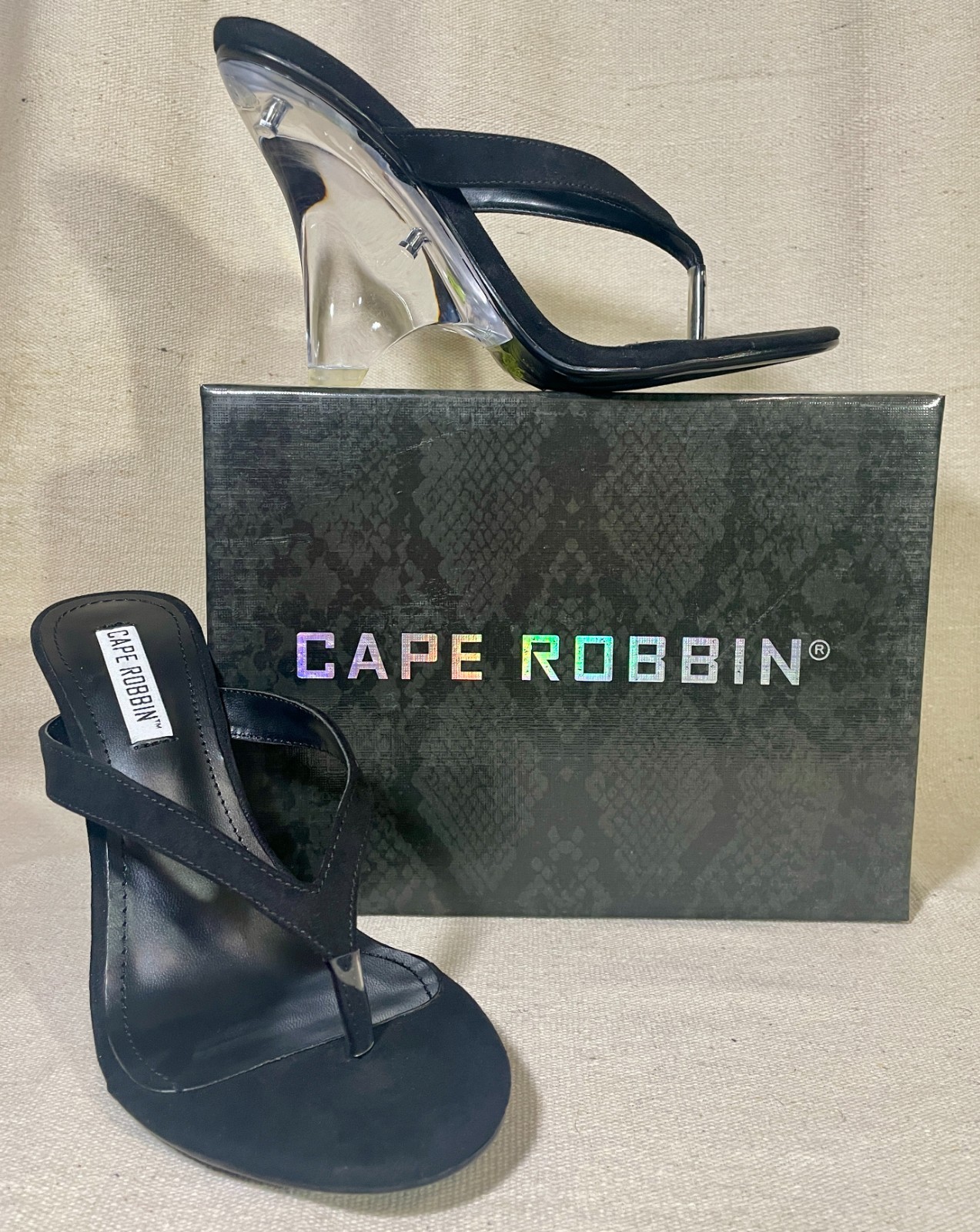 NIB CAPE ROBBIN Spectacular Clear WEDGE 3.75″ Heel BLACK 5.5 6 6.5 7.5 8 8.5 9