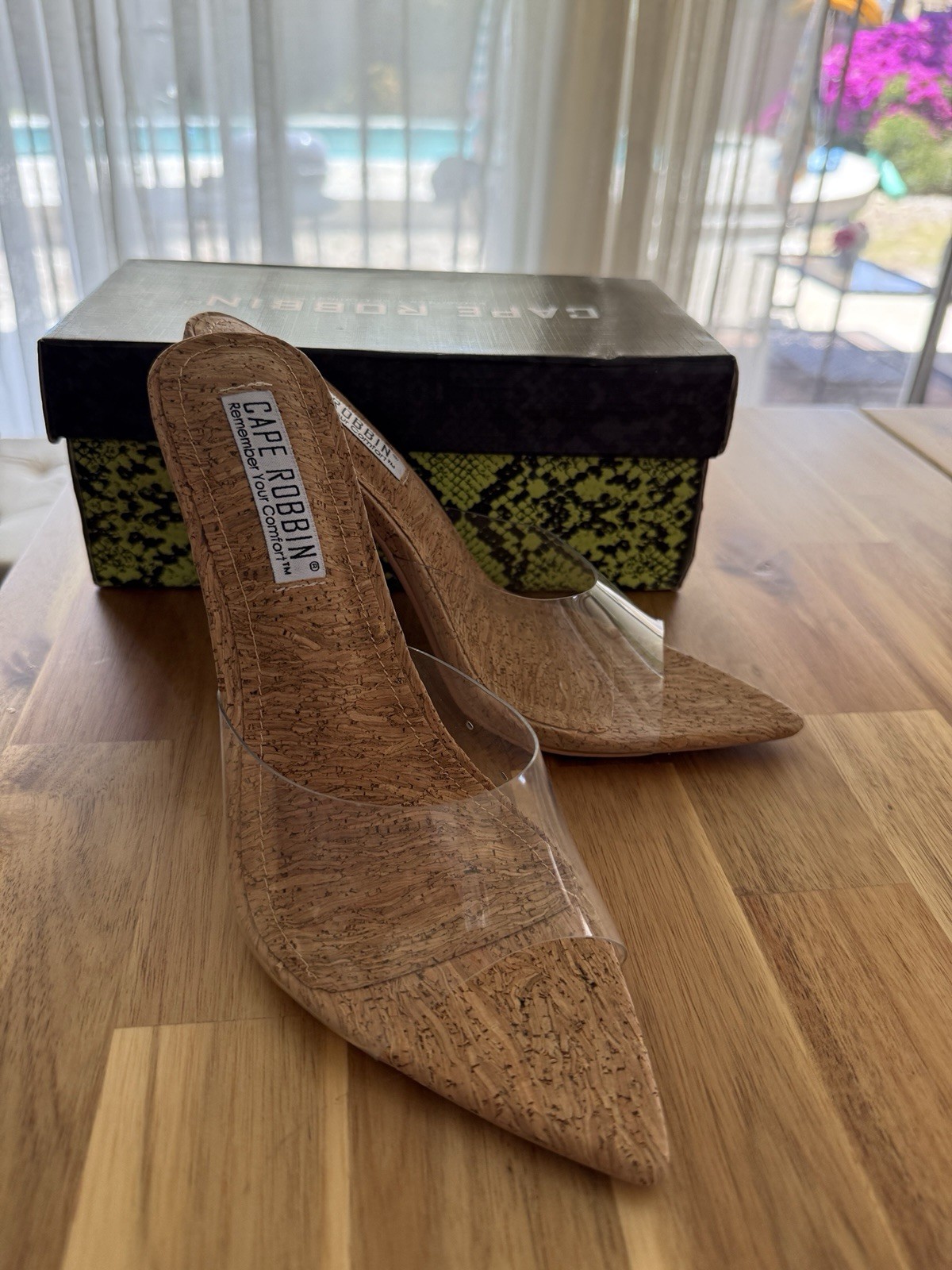 Cape Robbin Melrose Nude Clear Cork Slip-On Mule Pointy Open Toe Stiletto Heel