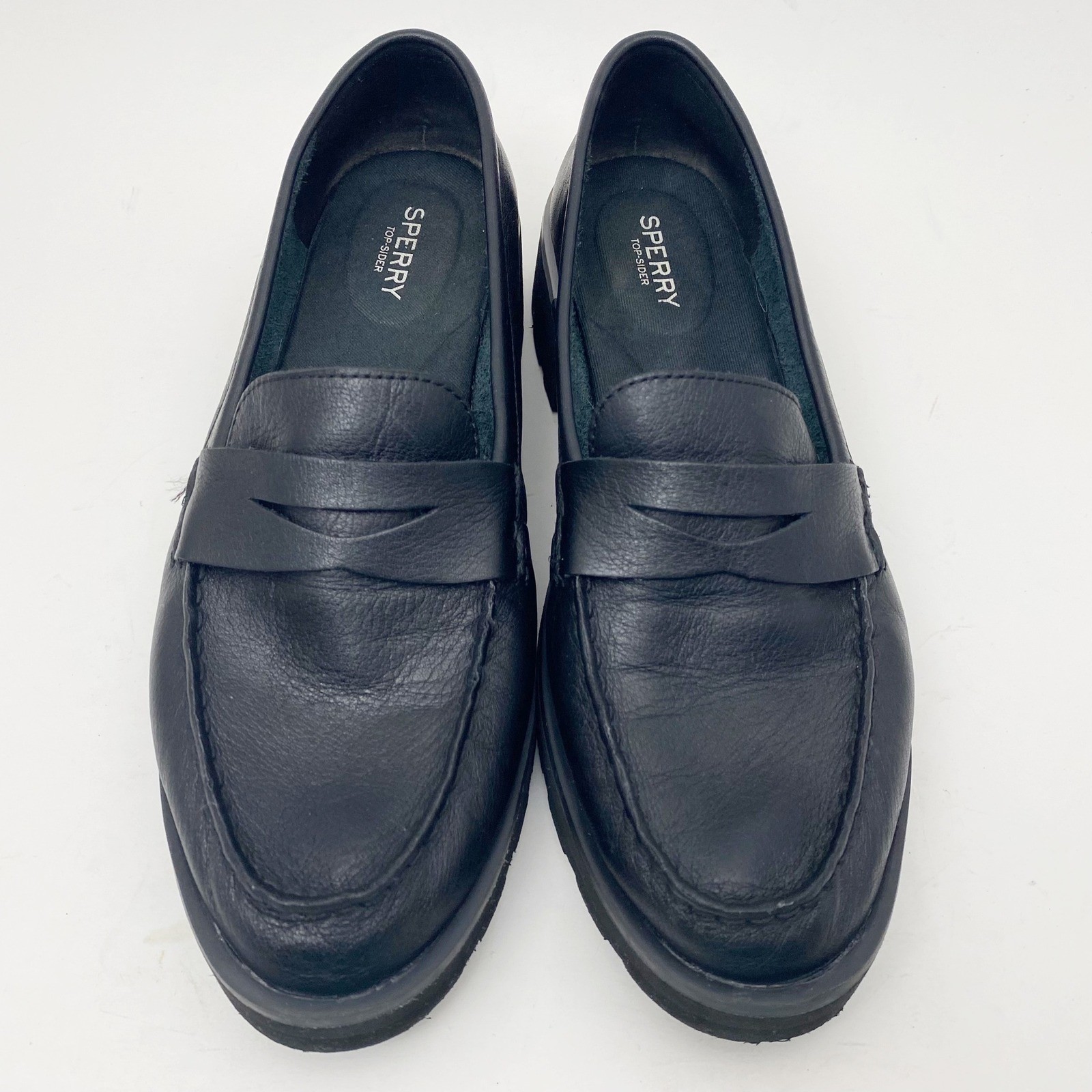 Sperry Black Leather Platform Crepe Sole Penny Loafers Womens 11M Lightweight