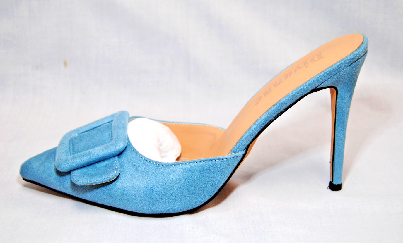 Divanne Women’s Buckle Backless Heeled Mules Pointed-Toe Blue Suede Shoes T2376