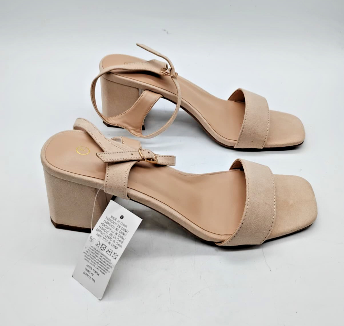 MYSOFT Women’s Chunky Heeled Sandals Square Toe Ankle Strap Nude Suede US 7