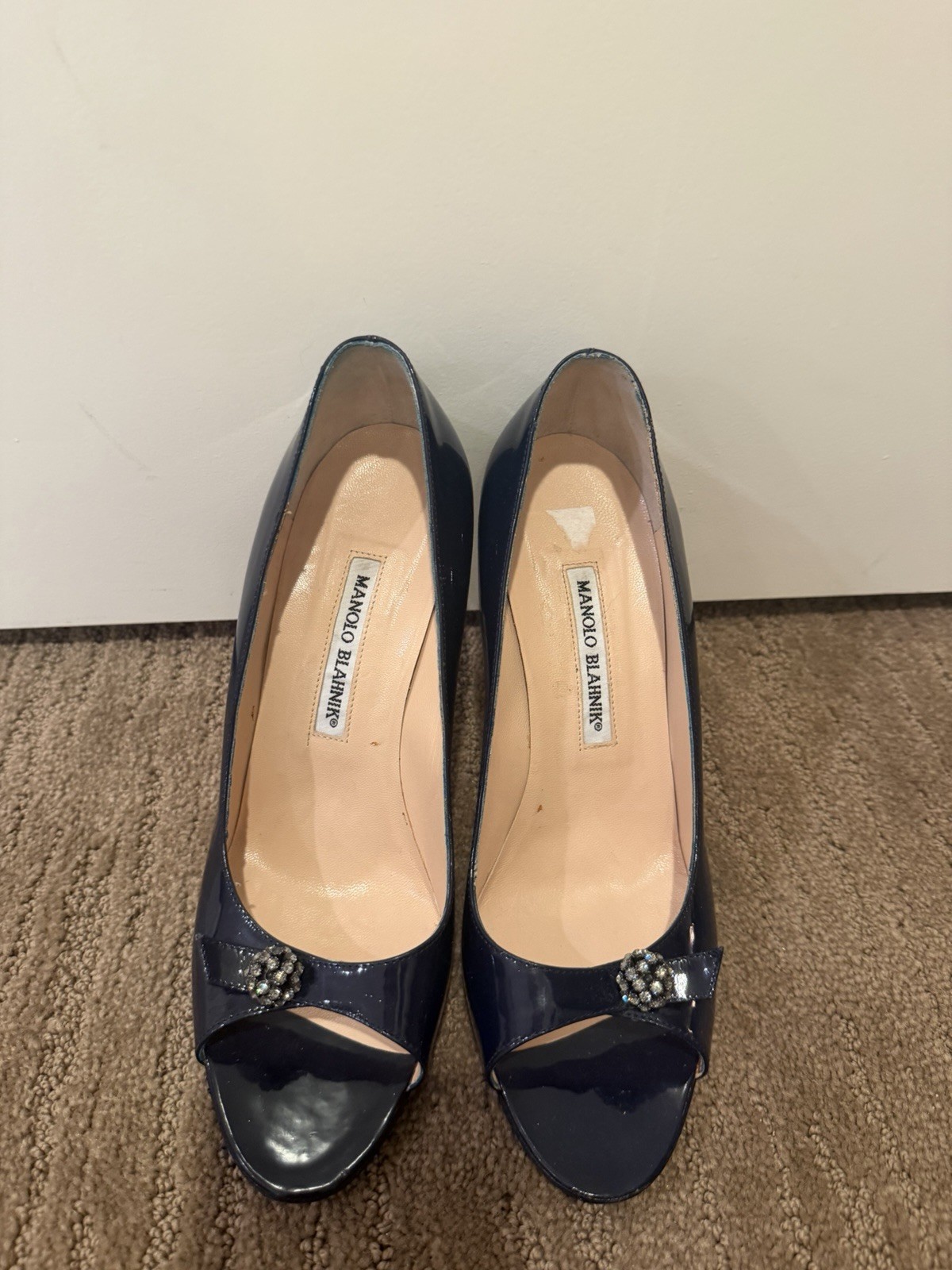 Manolo Blahnik Navy Patent Leather Open Toe Beaded Pumps Heels EU 39.5