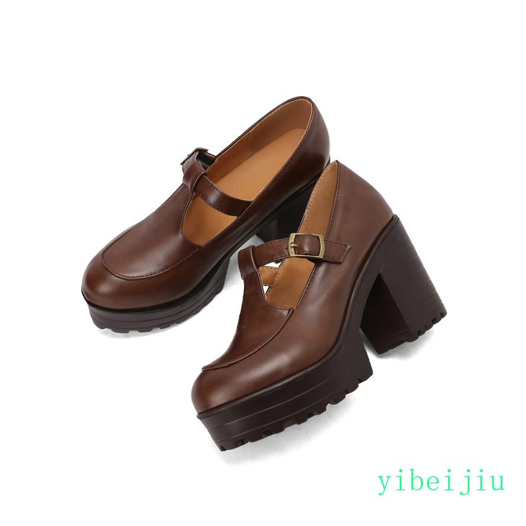 Women’s Mary Janes Leather Shoes High Thick Heel Platform T Strap Retro Vintage