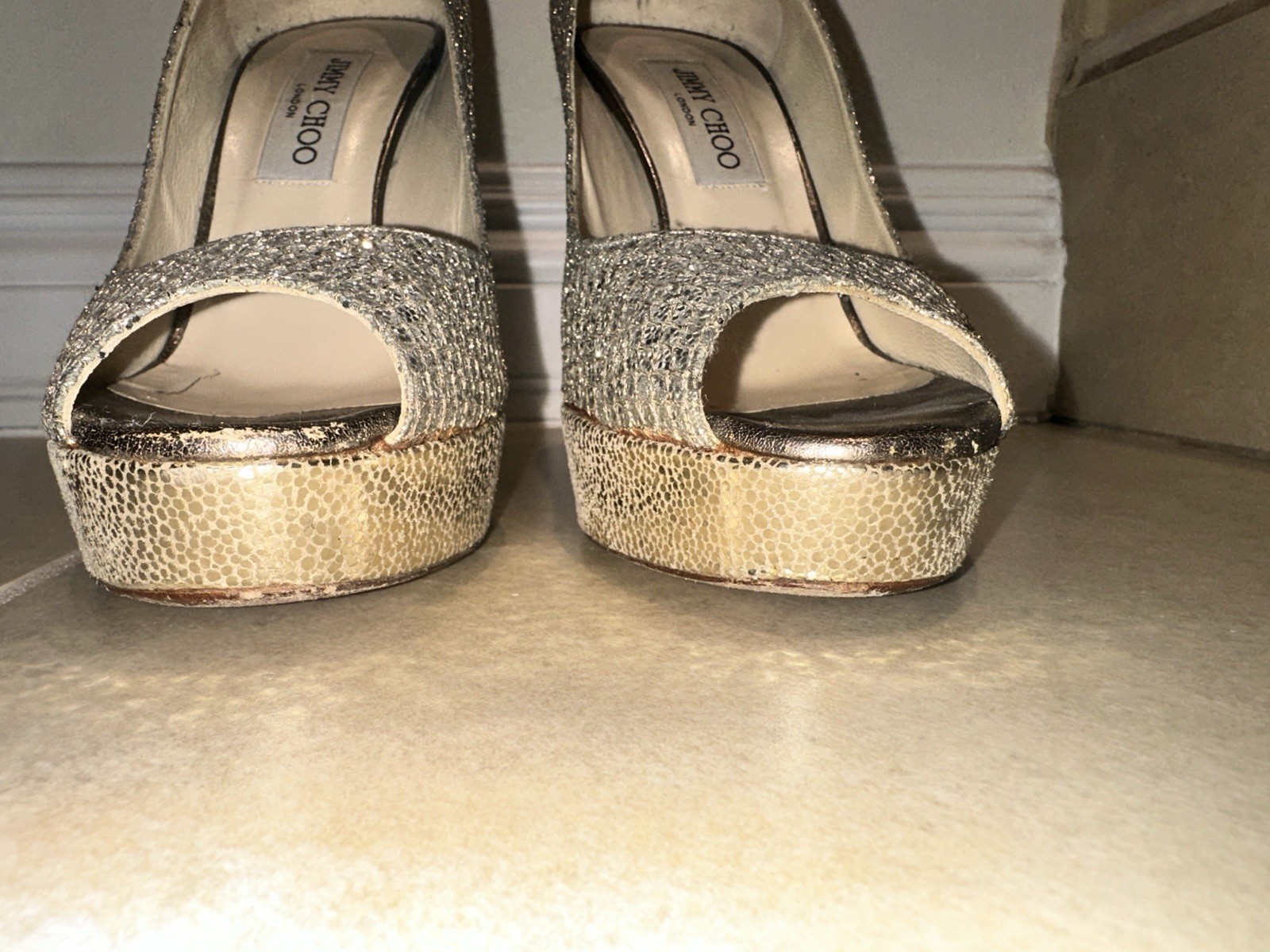 JIMMY CHOO SILVER GOLD SPARKLY PLATFORM Peep Toe HEELS 36.5