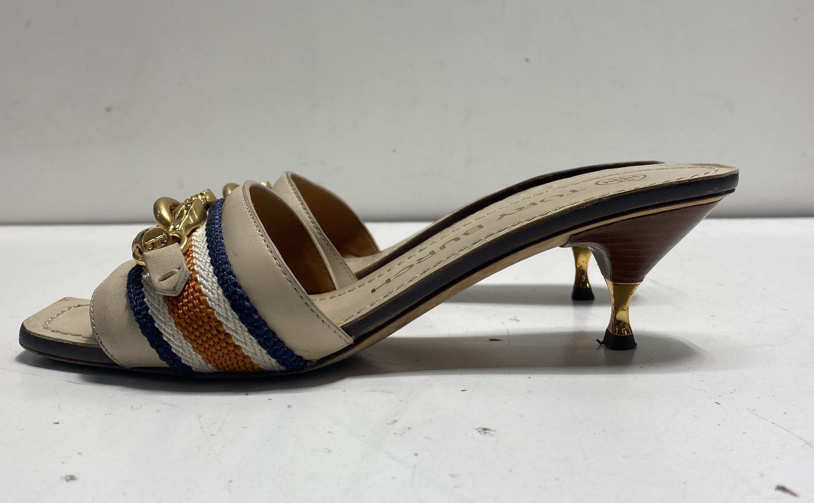 Tory Burch Jessa Striped Fabric Leather Kitten Heel Mule Sandals Size 6M