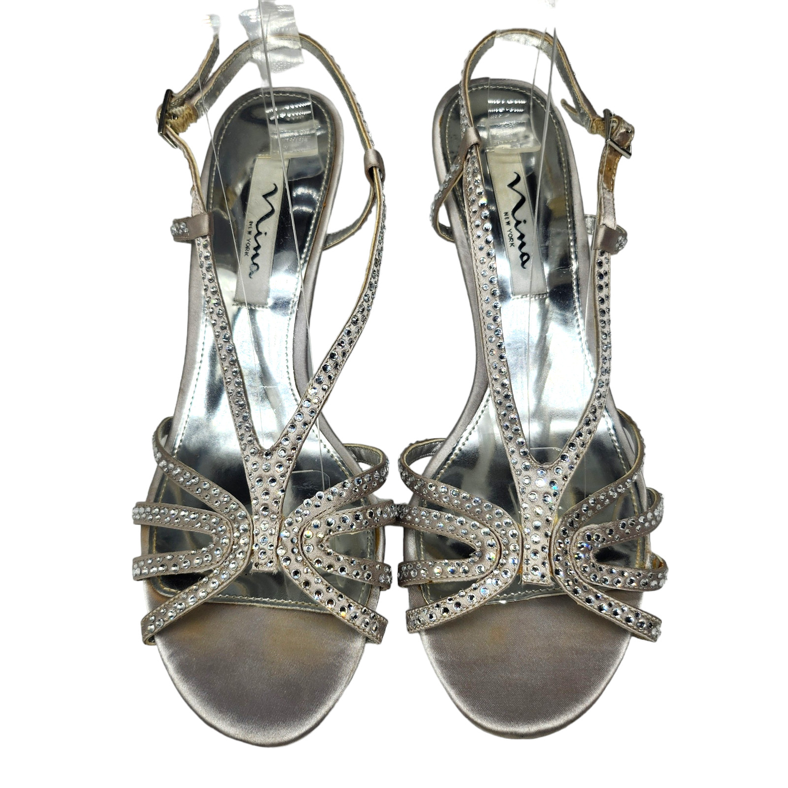 Silver Rhinestone Heels Womens 8.5 Nina Sparkly Strappy Evening Prom Dressy