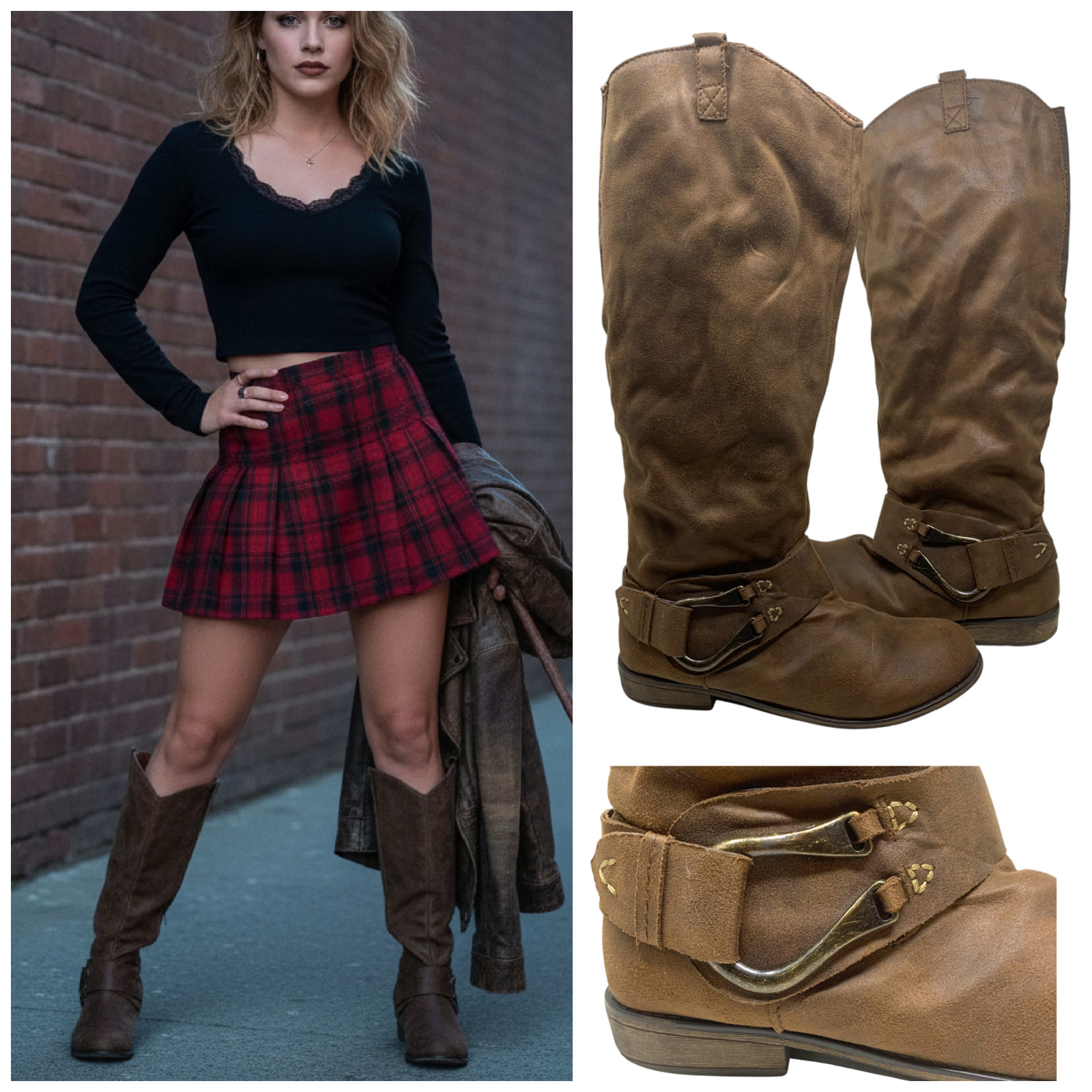 Vintage Y2K Tall Slouchy Brown Vegan Suede Harness Knee Boots Women’s Sz 11