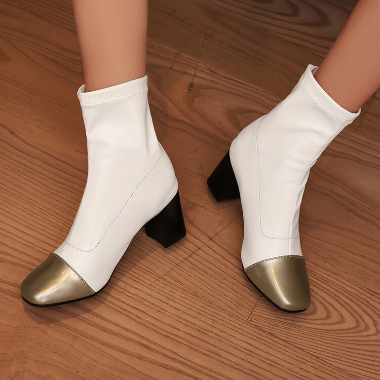 Women’s Faux Leather Patchwork Ankle Short Boots Block Heels Pull On Leisure OL