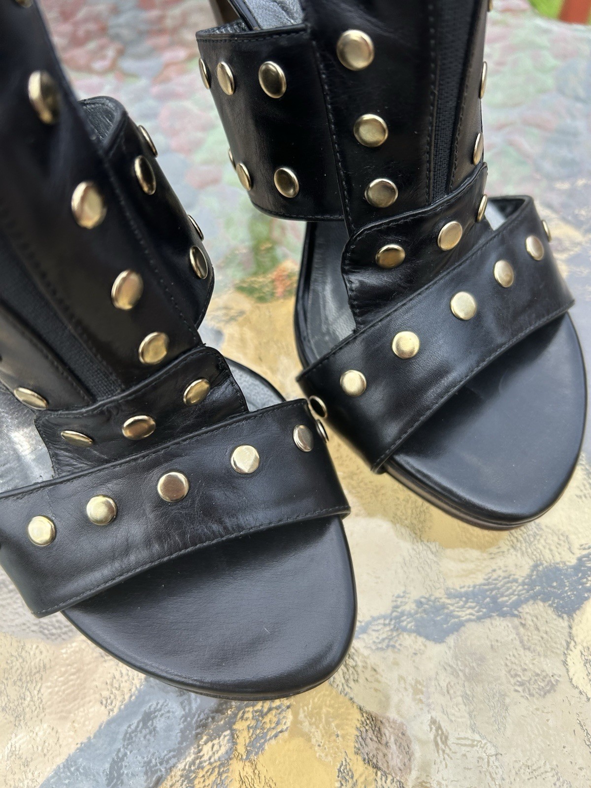 Stuart Weitzman Women’s Black Leather Strappy Studded Open Toe Zip Heels 6