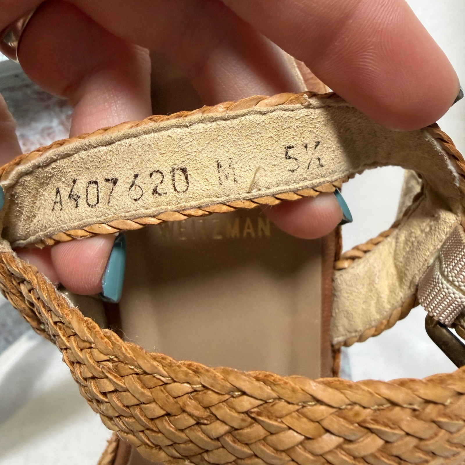 Stuart Weitzman Barbados Wedge Sandals Women 5.5 Tan Woven Platform Ankle Strap