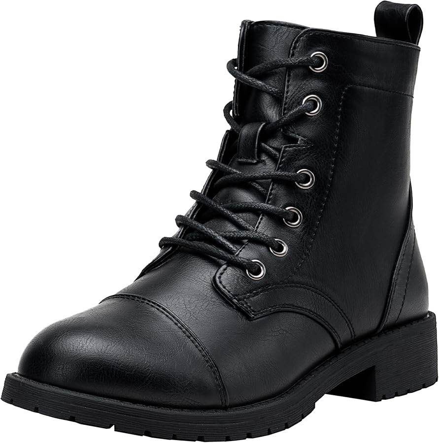 VEPOSE WOMENS ANKLE BOOTS COMBAT LACE UP BOOTIES WITH INSIDE ZIPPER Size 7 Black