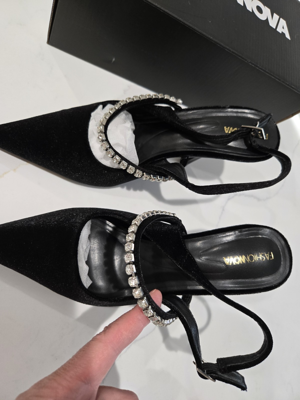 FASHION NOVA Size 7.5 Slingback Kitten Toe High Heels Velvet Pumps Rhinestones
