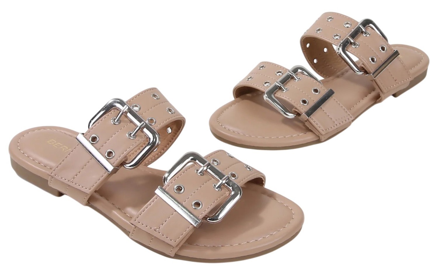 Berness Women Slide Sandals Buckle Adjustable Strap Flat Metal Eyelet KYLE Beige
