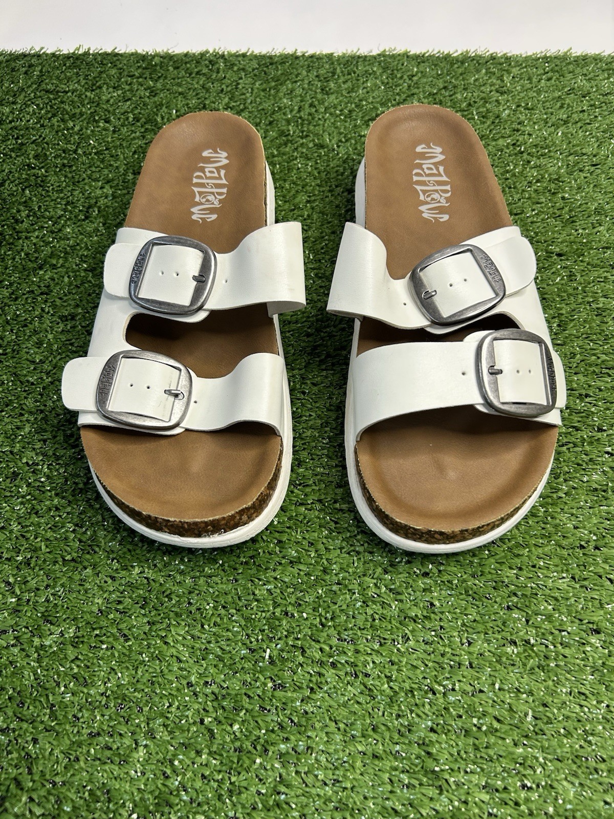 Mata Women’s Slide Sandals Double Buckle Synthetic Upper White/Brown Size 9