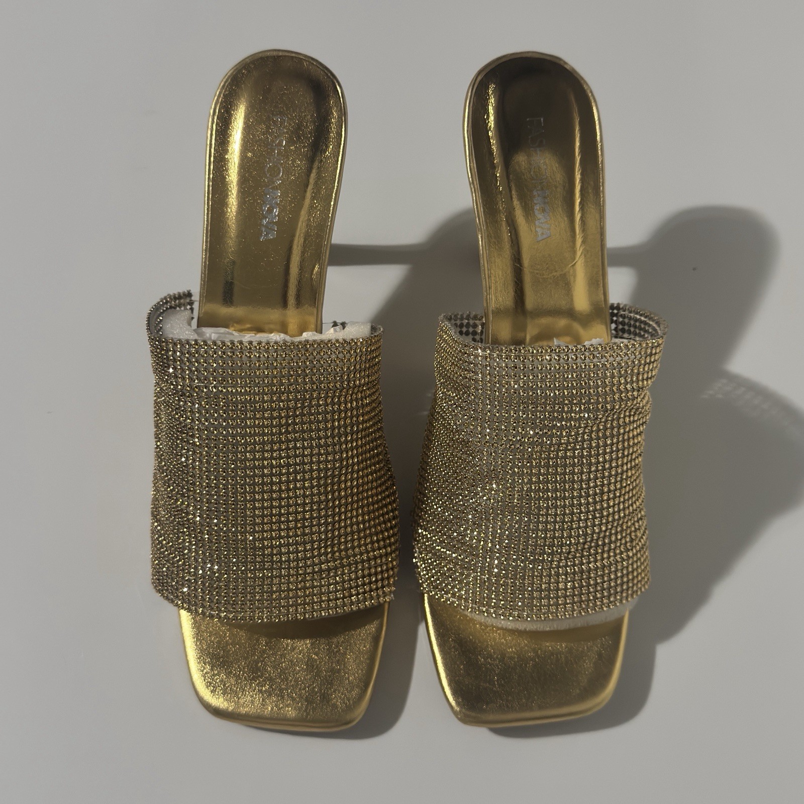 Size 10 – Fashion Nova Gold Rhinestone Slide Block Heel Sandals
