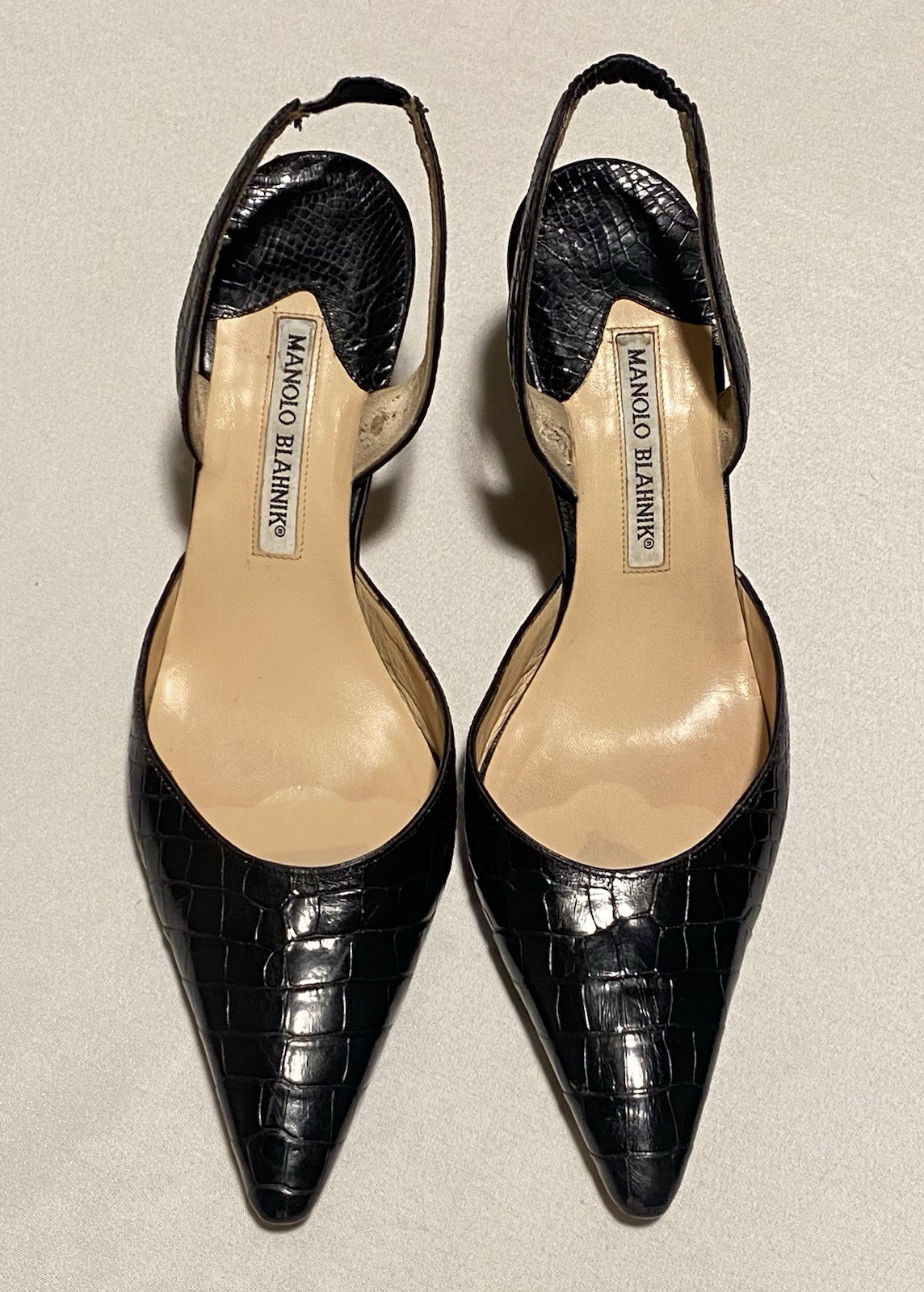 Manolo Blahnik Carolyne Crocodile Black Slingback Women Heel Shoe EU39/US9 $5400