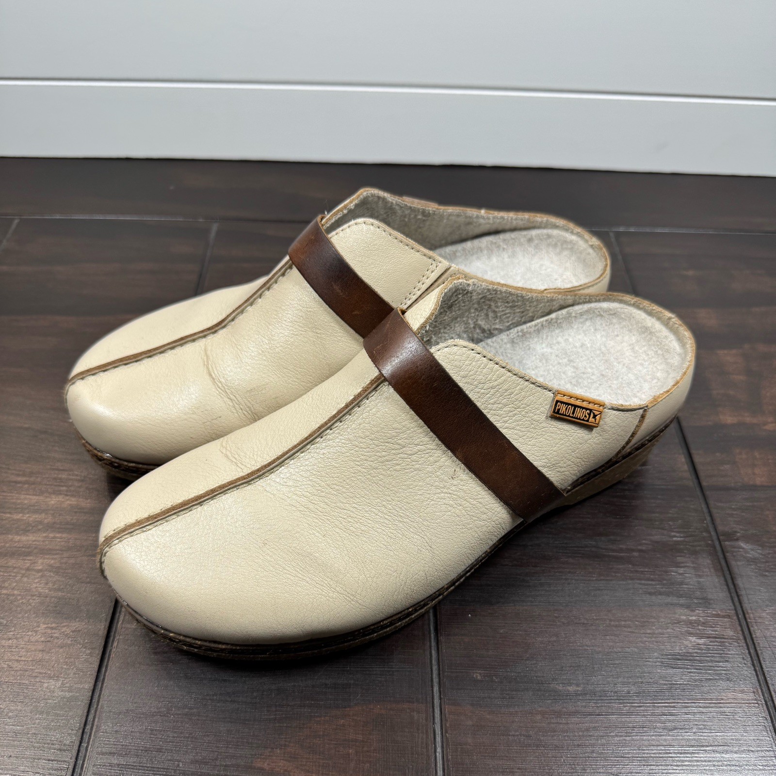 Pikolinos Granada Women’s Medium Heel Clogs Marfil Calfskin Leather Sz 39