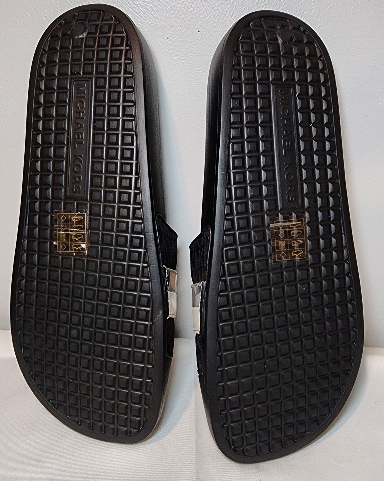 NEW Michael Kors Striped MK LOGO Slide Brandy Sandals Women Size 10M Black
