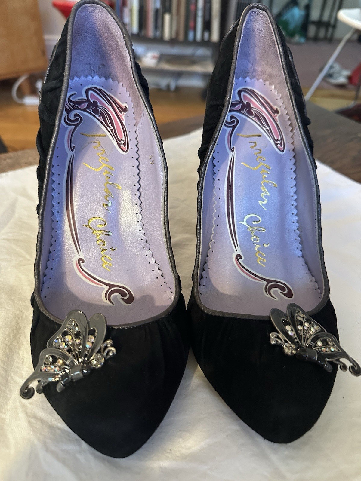 Irregular Choice Black Suede Closed Toe Pump Rhinestone Butterfly Stiletto