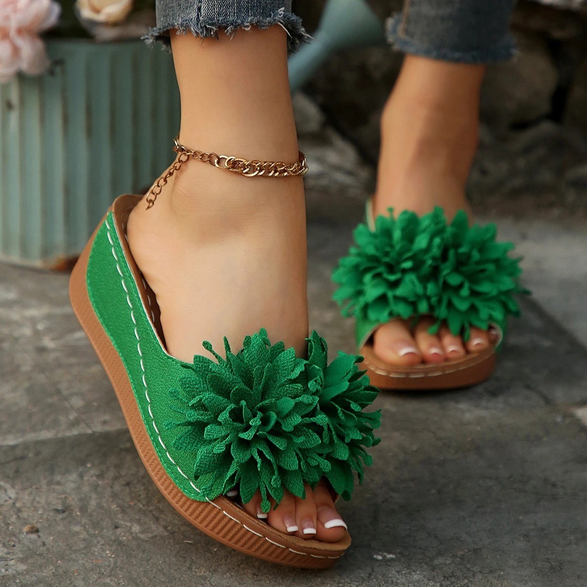 Women’s Flower Wedge Sandals Open Toe Slip-On Summer Platform Slides Casual