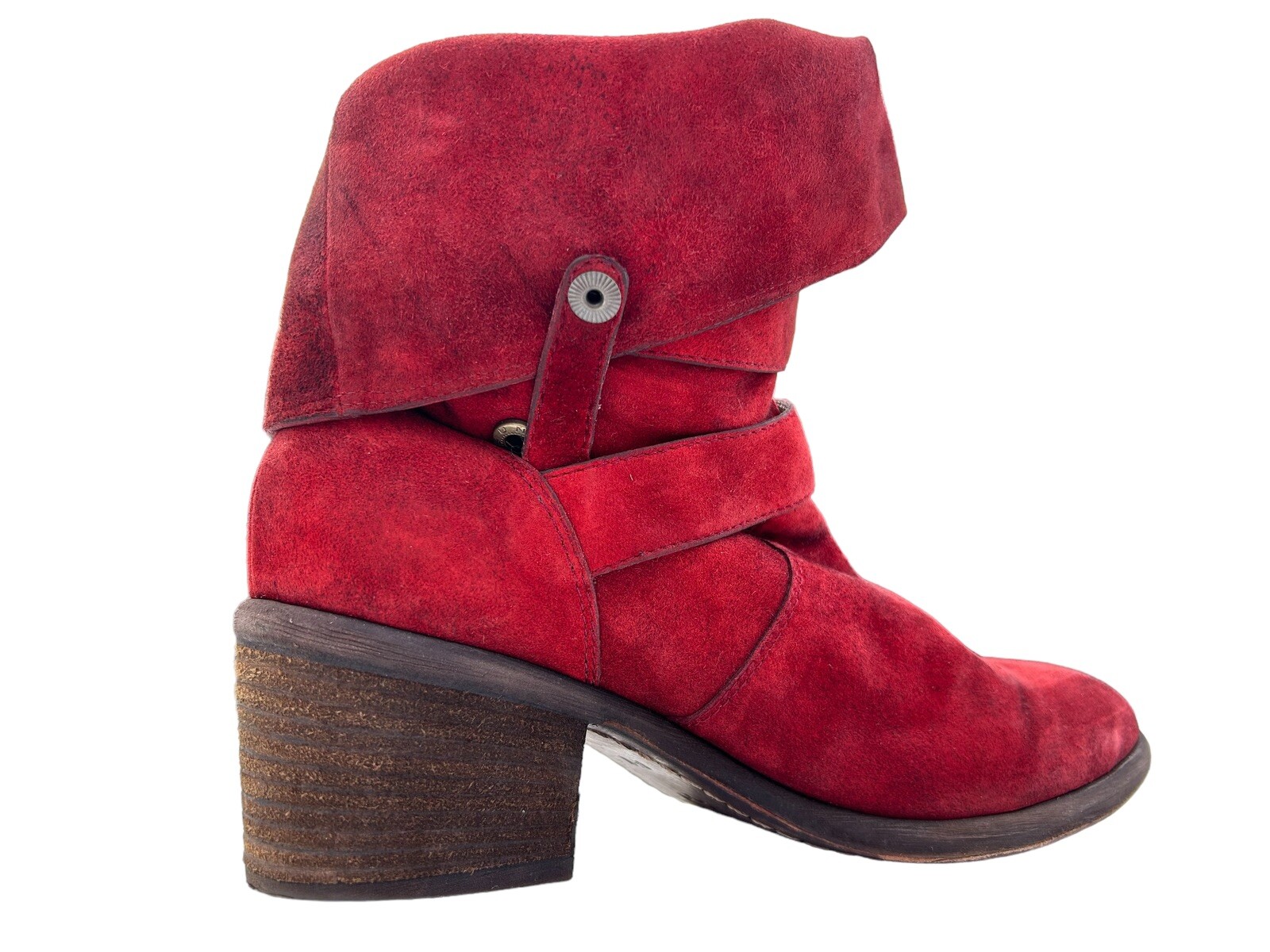 DONALD PLINER Moto Boots SIZE 6.5 Mid Calf Distressed Red Suede Buckle Fold Over