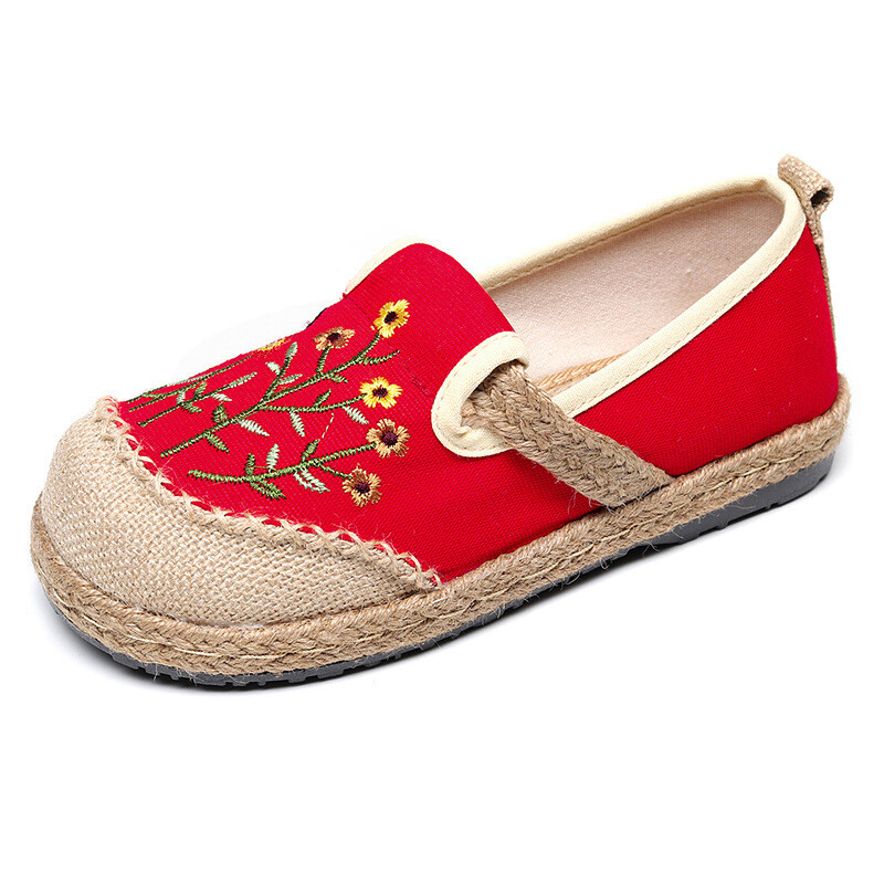 Women’s Chinese Ethnic Shoes Floral Embroidery Canvas Linen Slip on Loafers
