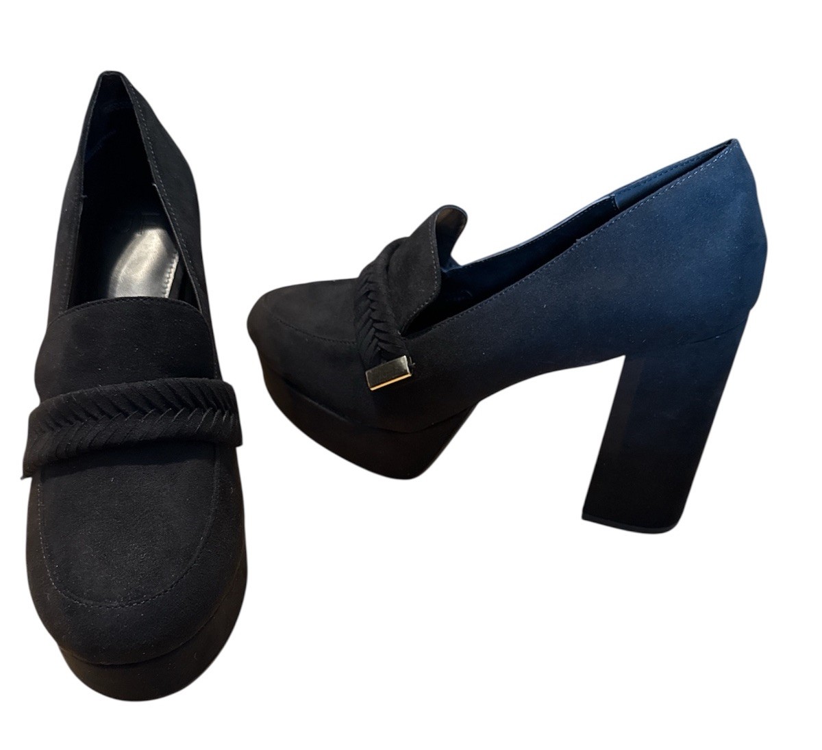 Just Fab Adele Braided Loafer Platform Court Shoes 4” Heel Faux Suede 9.5 Black