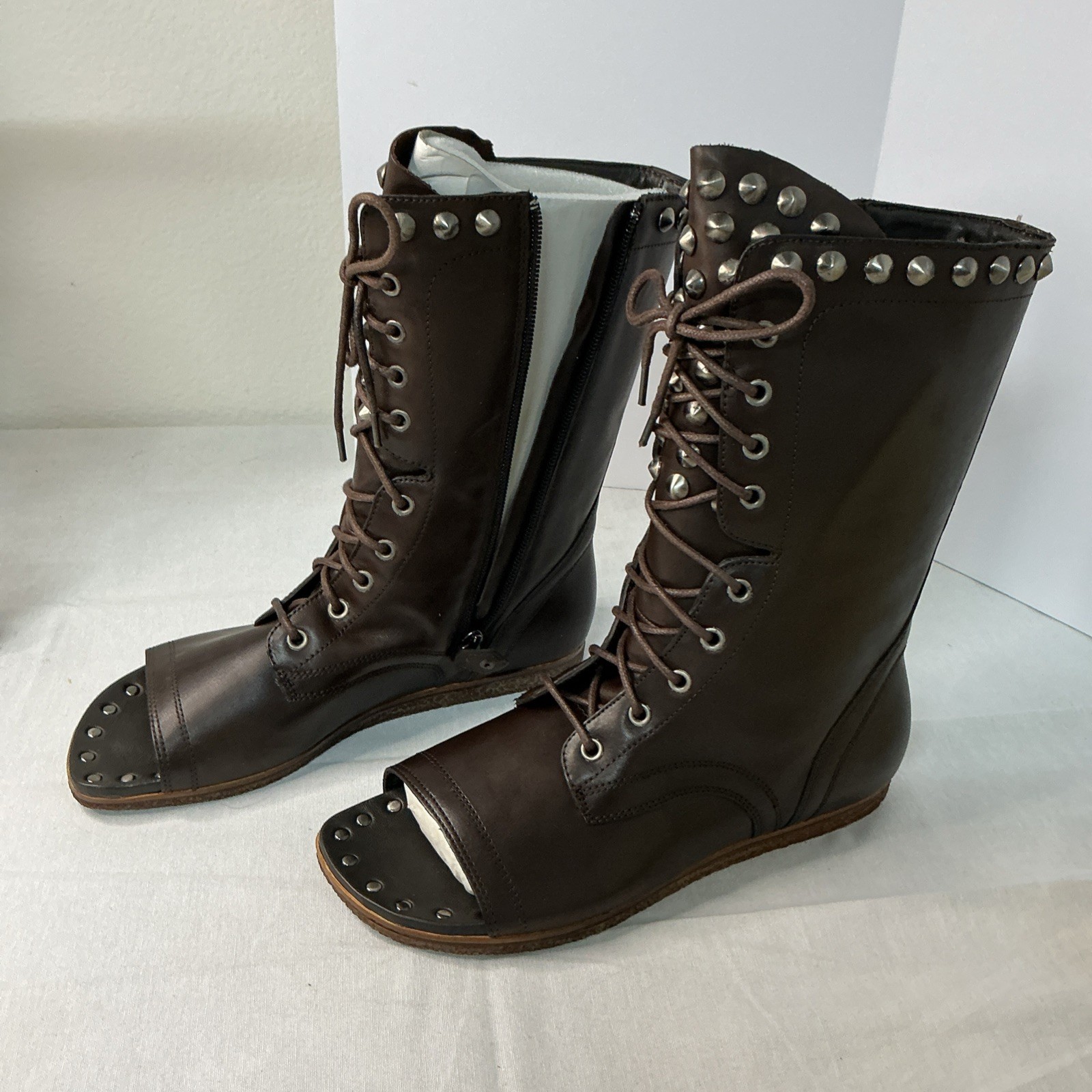 Lisa For Donald J Pline 8.5M Expresso Calf Leather Studded Open Toe Boots NIB