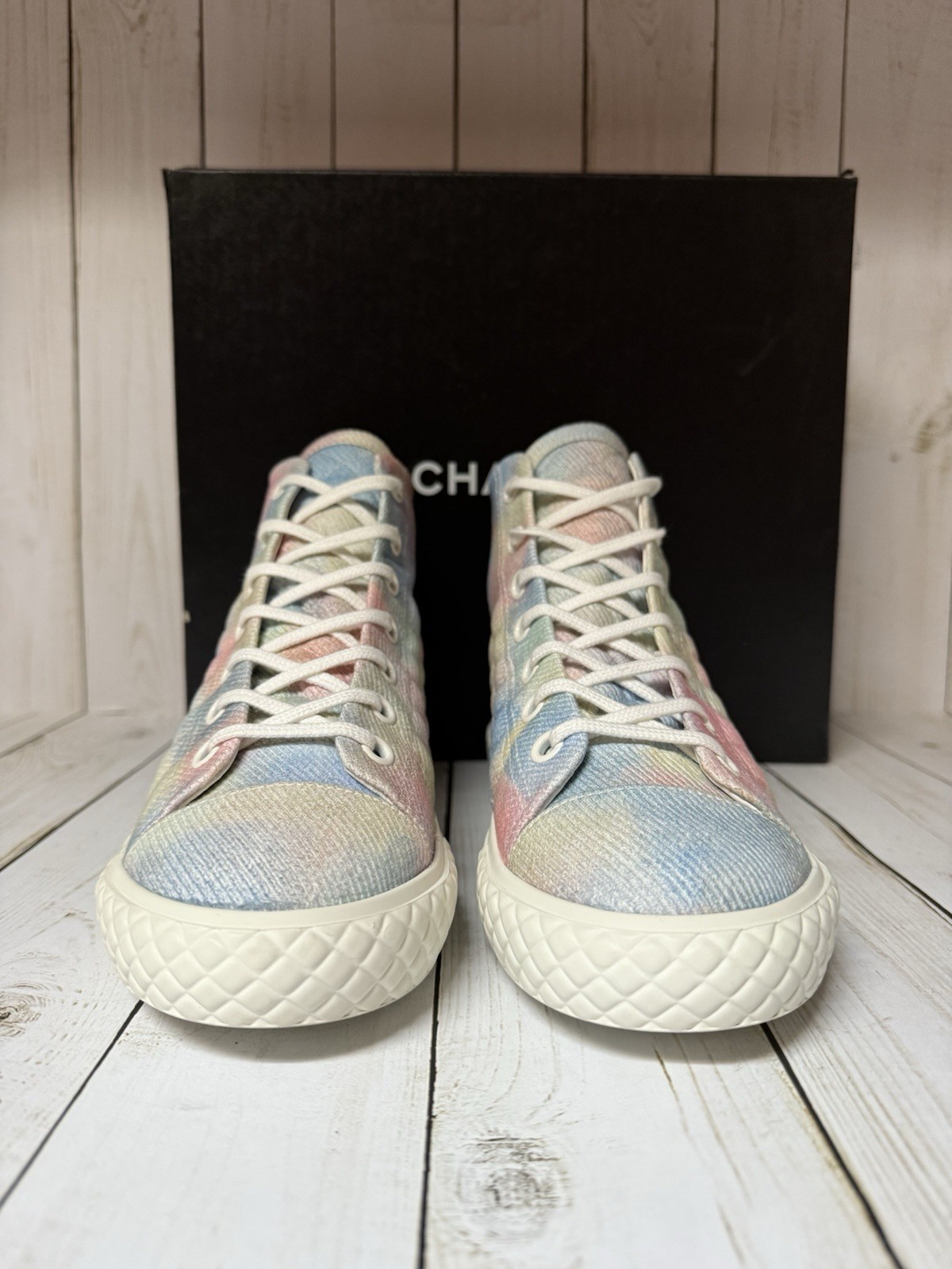CHANEL Printed Fabric Quilted High Top Sneakers Green Pink Blue Sz 39 / 9