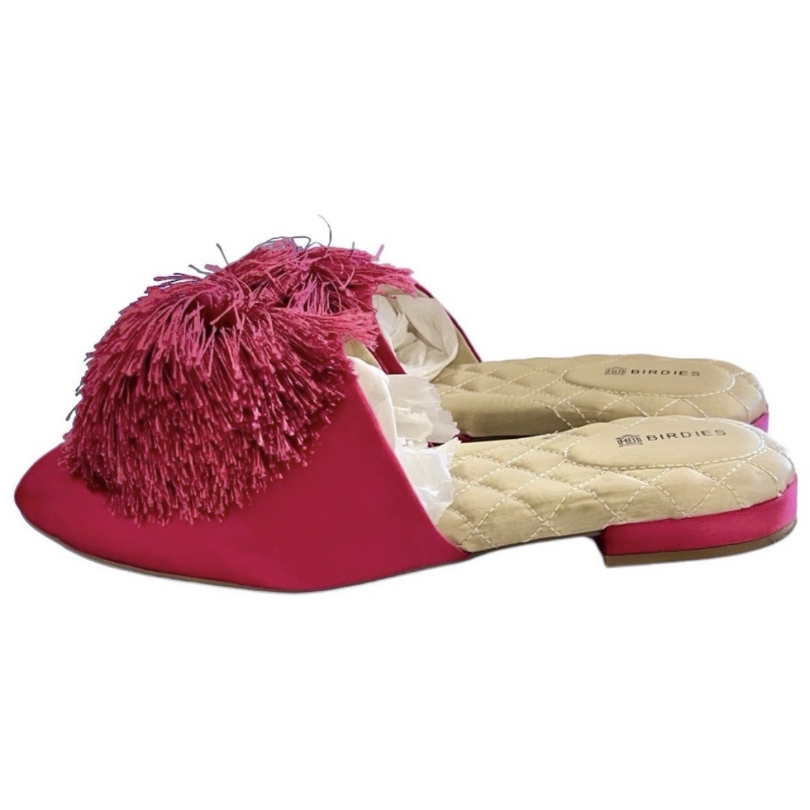Birdies Fuchsia Pink Pom Pom Satin Songbird Mule Slipper Size 7.5-Never worn