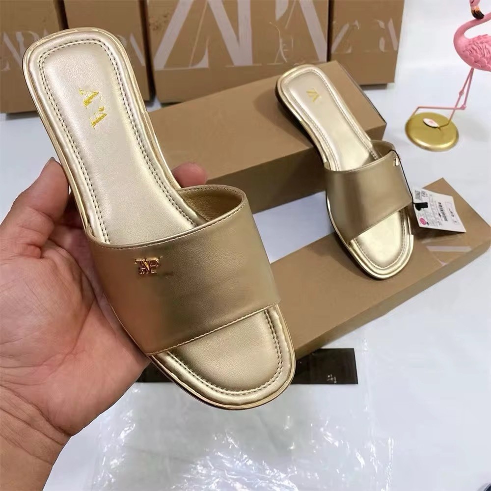 ZARA Women’s Slide Sandals Slip On Flat Casual Gold White Brown Black Synthetic