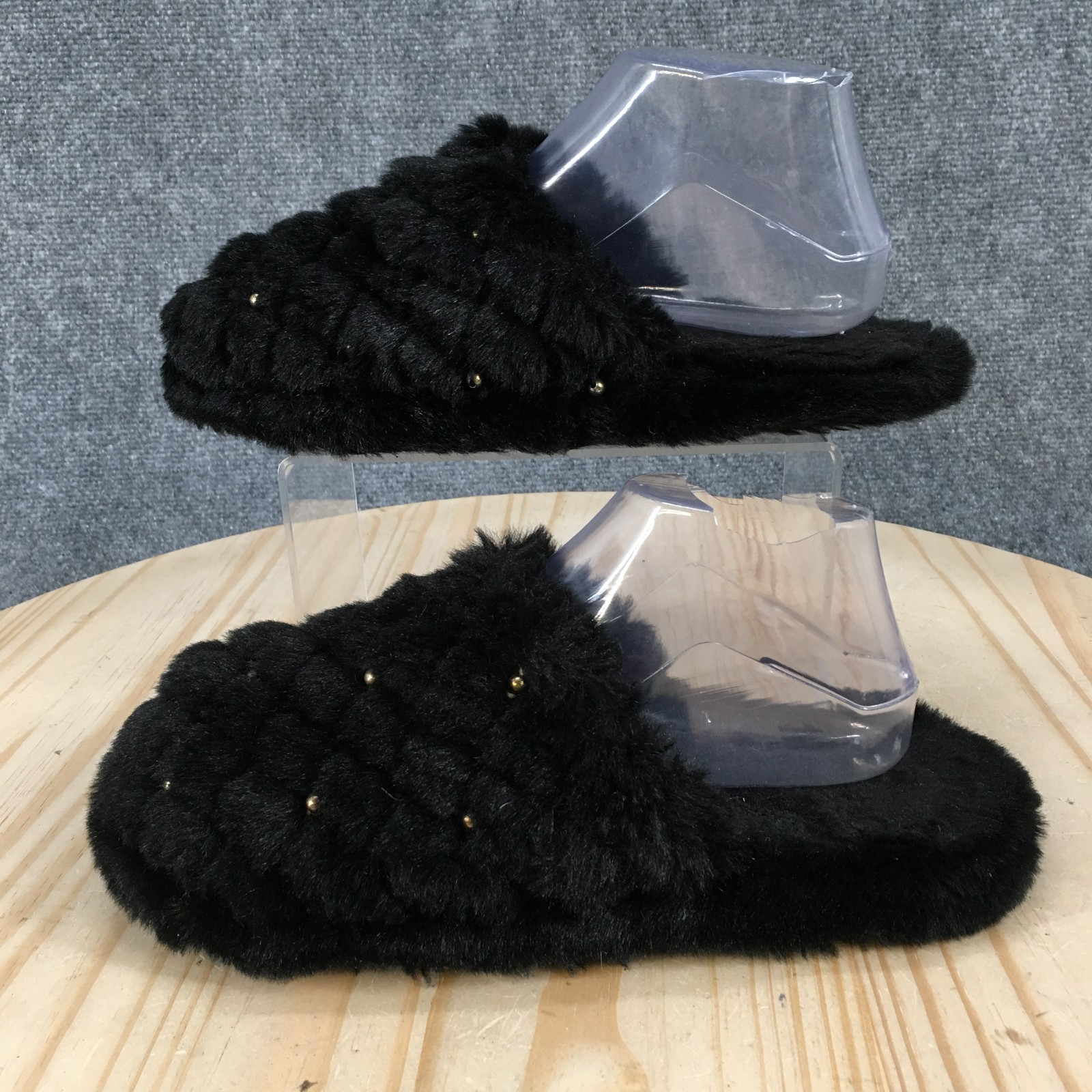 INC Slippers Womens 7-8 Black Slides Faux Fur Gold Studs Casual Comfort Flats