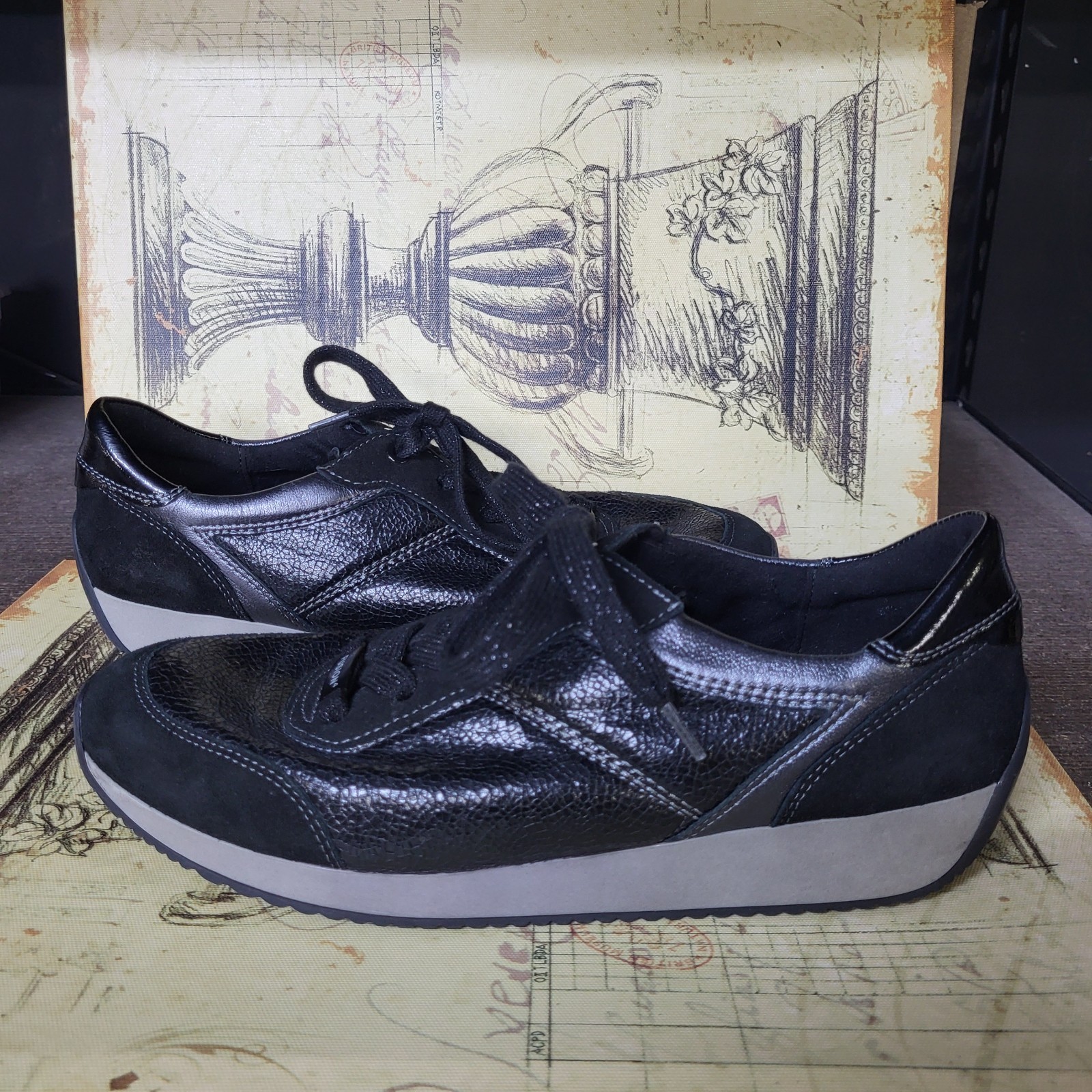 Sz 9 ARA Women’s Fusion 4 Lana’ Lace Up Sneaker Black Iron Combo Comfort Shoes