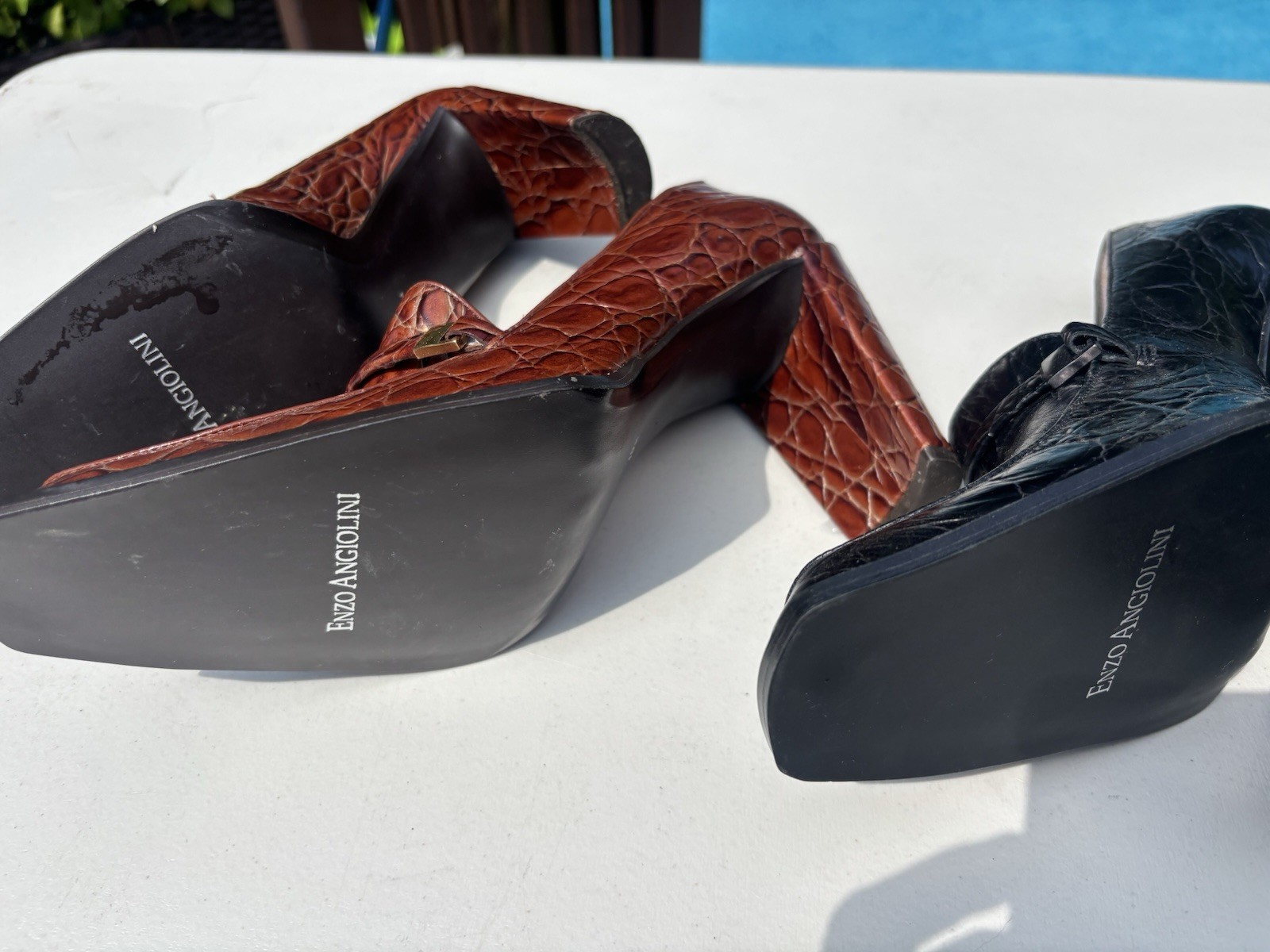 Enzo Angiolini Brown/Black Leather Croc Square Toe Block Heel Pumps 10. Two Pair