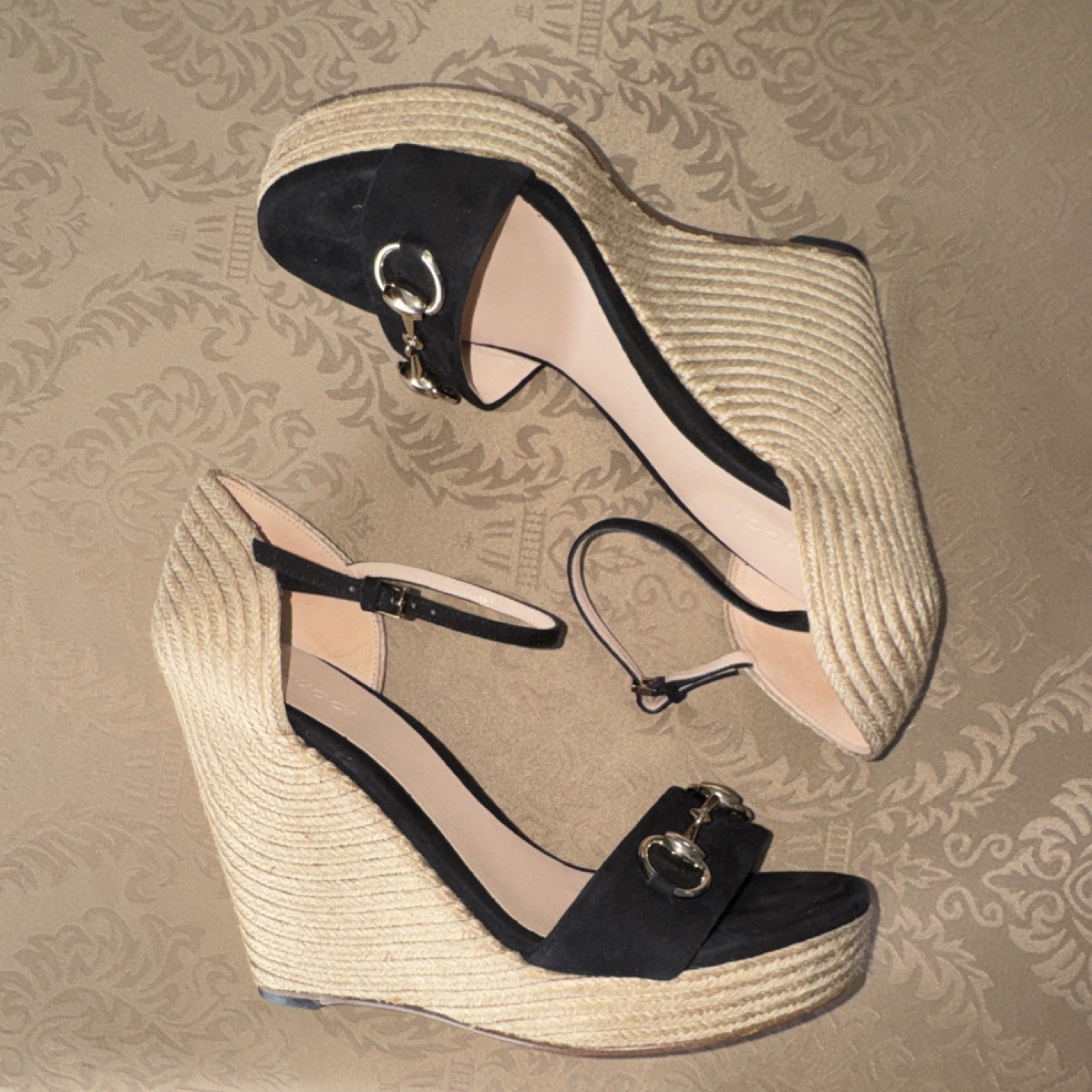 Gucci Black Suede Wedge Espadrille Sandals Buckle Logo Metal Hardware Women’s 38