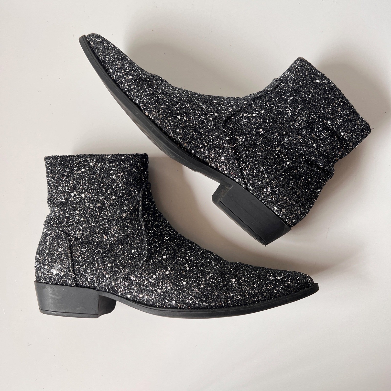 Glitter Chelsea Ankle Boots Sparkly Pointed Toe Rocker Glam Black Silver 9 Women
