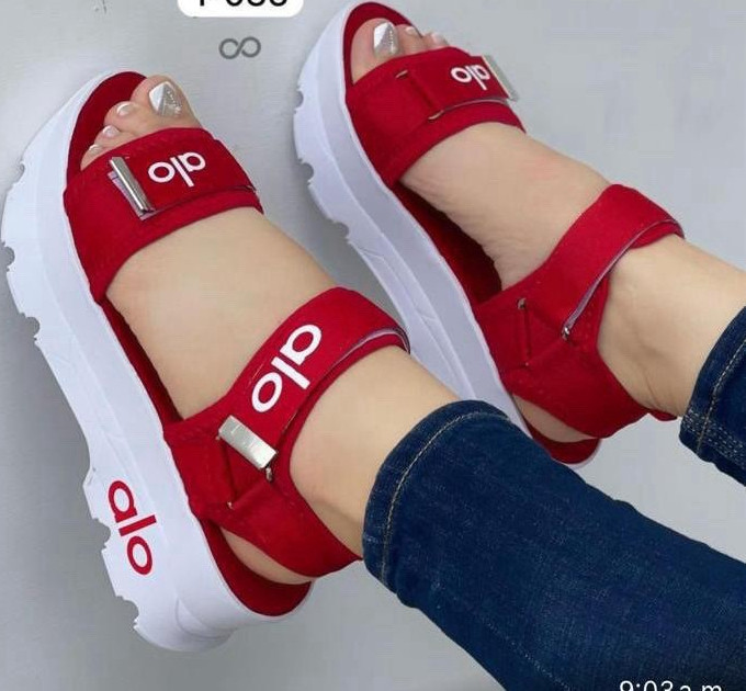 alo Red Platform Sport Sandals Logo Metal Buckle Adjustable Fabric Upper