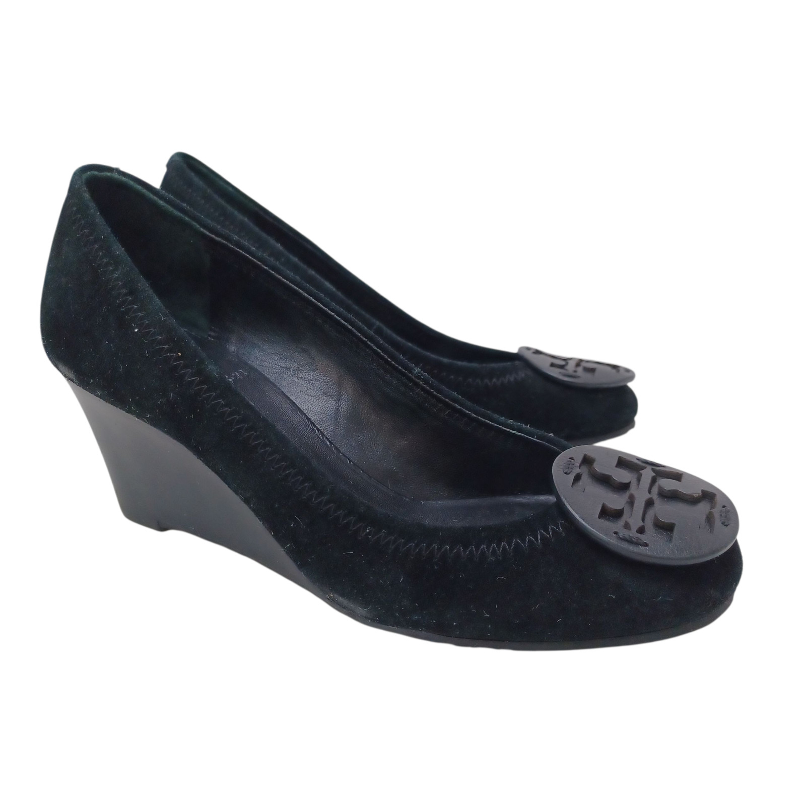 Tory Burch Shoes Womens 5 M Sophie Miller Black Suede Wedge Leather Logo on Toe