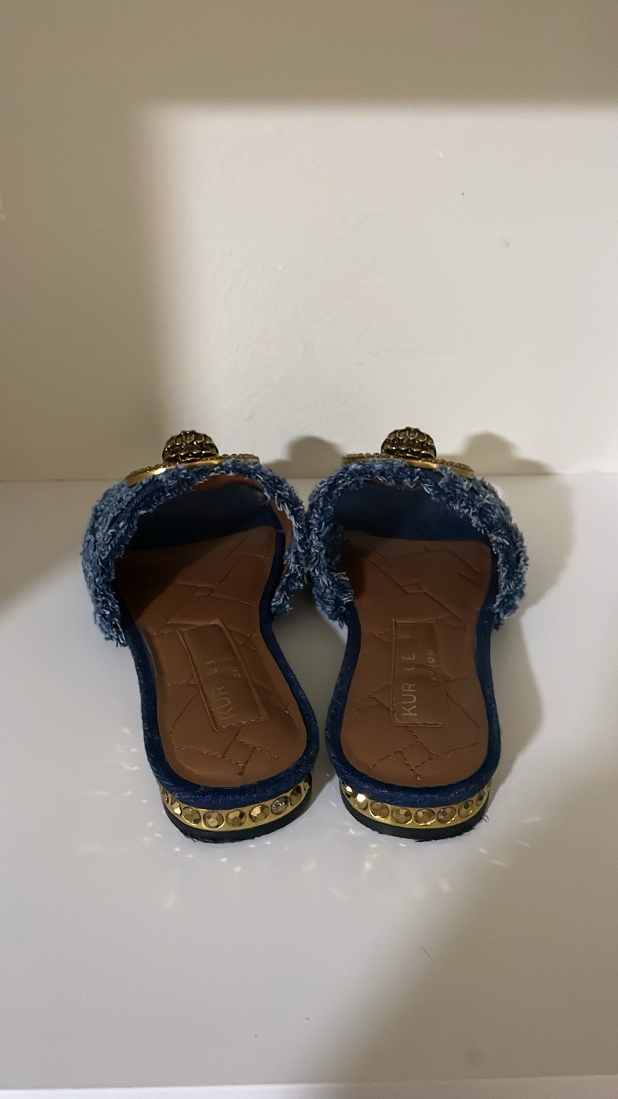 Kurt Geiger London Women’s Blue Slide Sandals Gold Logo Buckle US 7.5 EU39