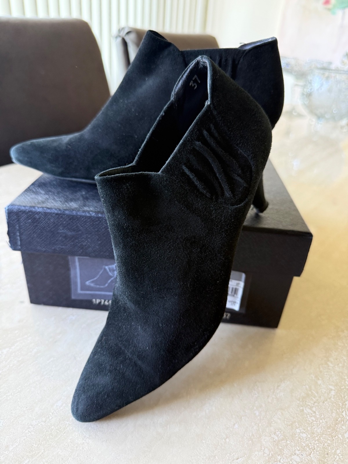 Prada Black Suede Ankle Bootie Pointed Toe Slip-On Stretch Elastic VINTAGE US 7