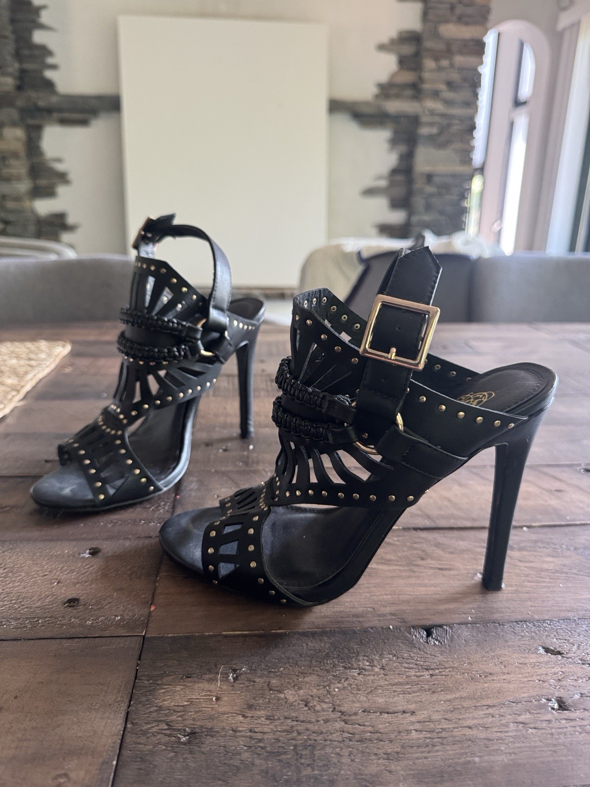Liliana Women’s Black Faux Leather Studded Strappy Open Toe Heels 7.5