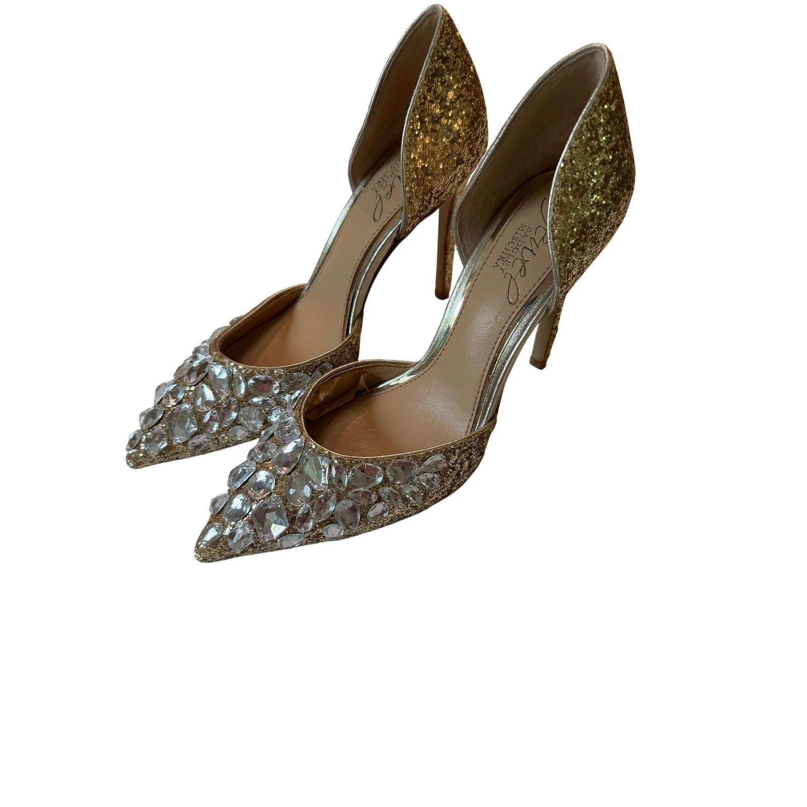 Jewel Badgley Mischka Gold Glitter Crystal Embellished d’Orsay Pumps Heels Size5
