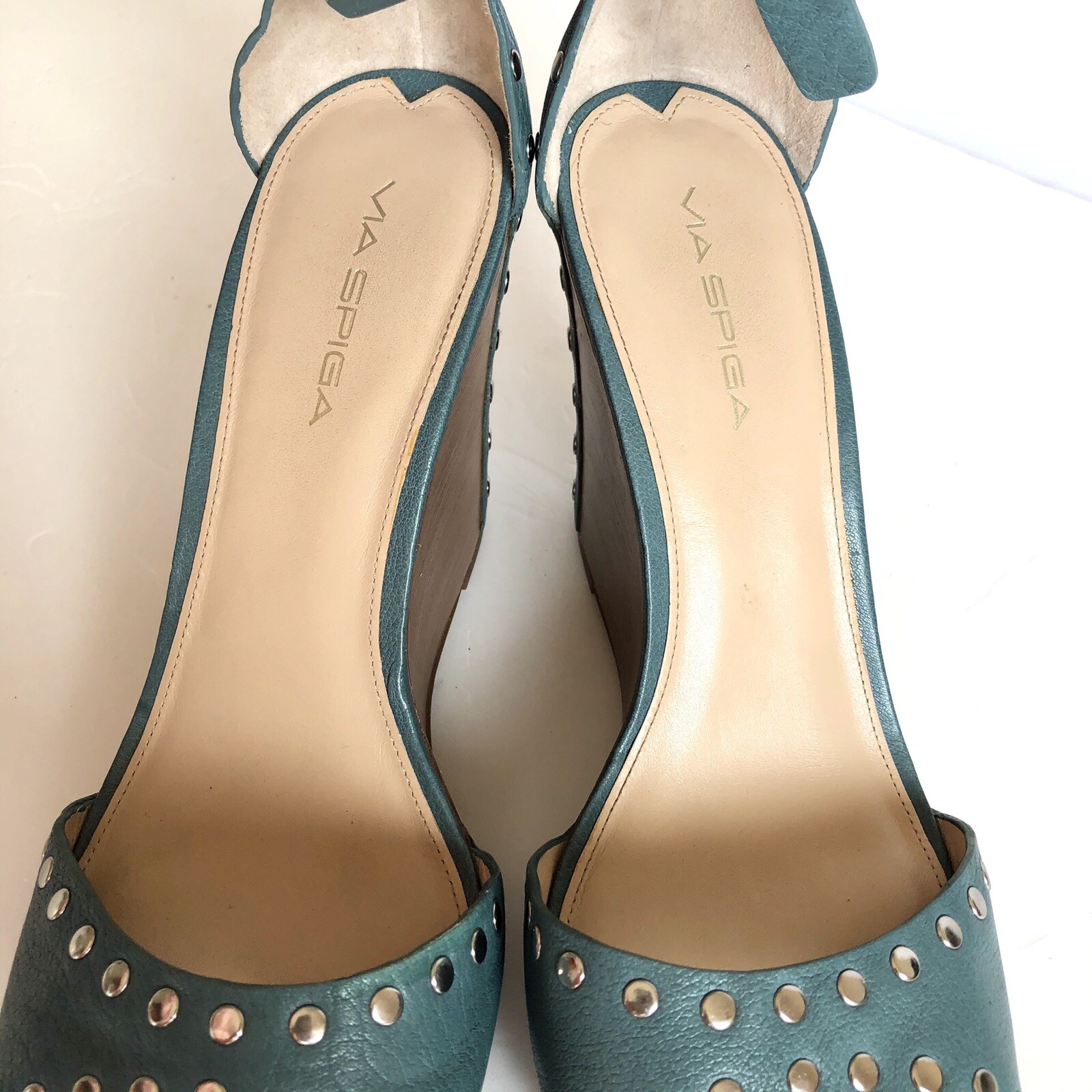 Via Spiga Mercato Turquoise Leather Studded Wedge Sandals Size 10 M