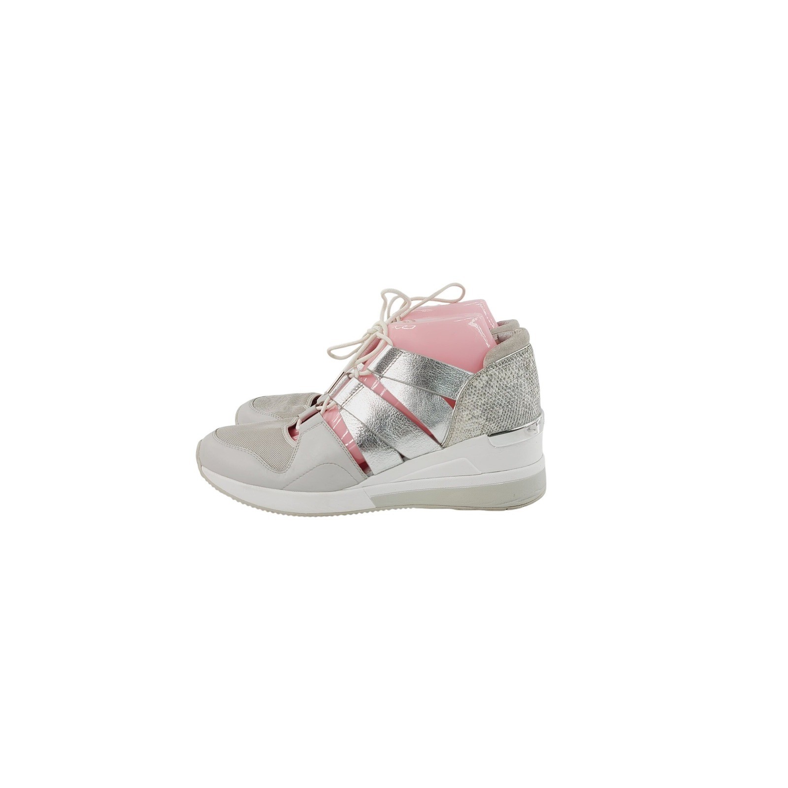 Michael Kors, Lace-Up Round Toe Wedge Sneakers, Women, Size 9 White Silver Gray.