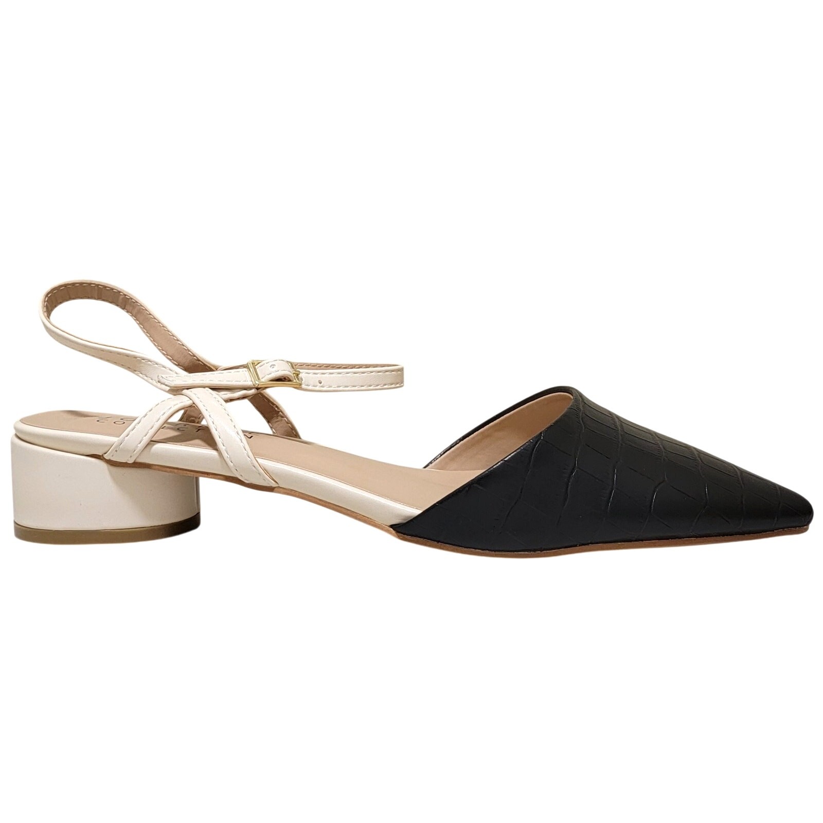 Journee Collection Brynn Pointed Toe Ankle Strap Flats Size US 9.5M Black White