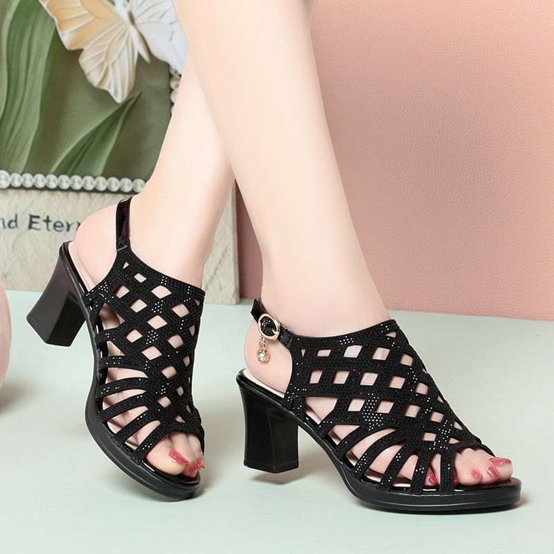 Women’s Rhinestone Soft Leather Open Toe Comfort High Heels Roman Sandals Shoes