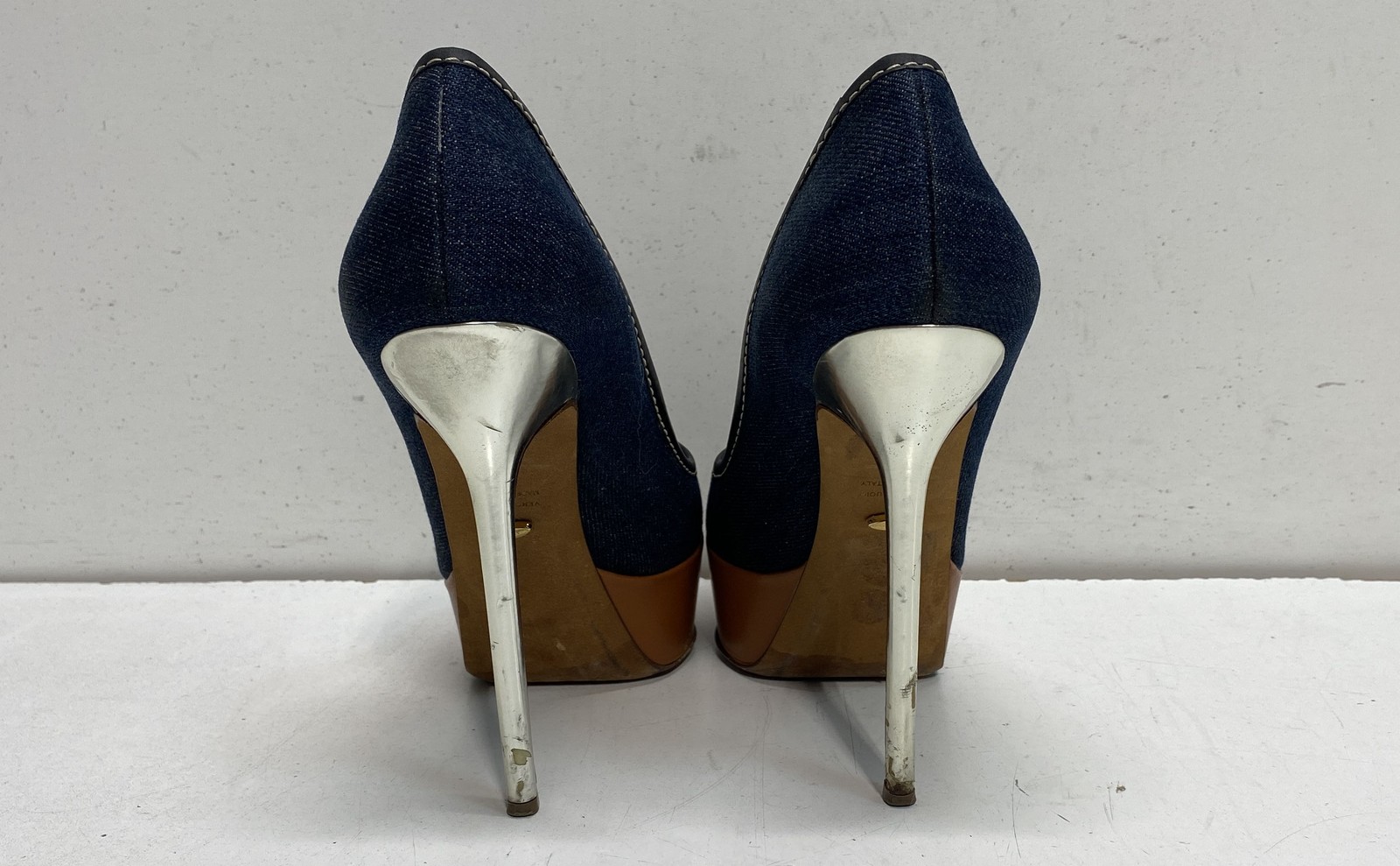 Sergio Rossi Blue Denim Peep-Toe Platform Pumps Silver Stiletto Heels Size 38