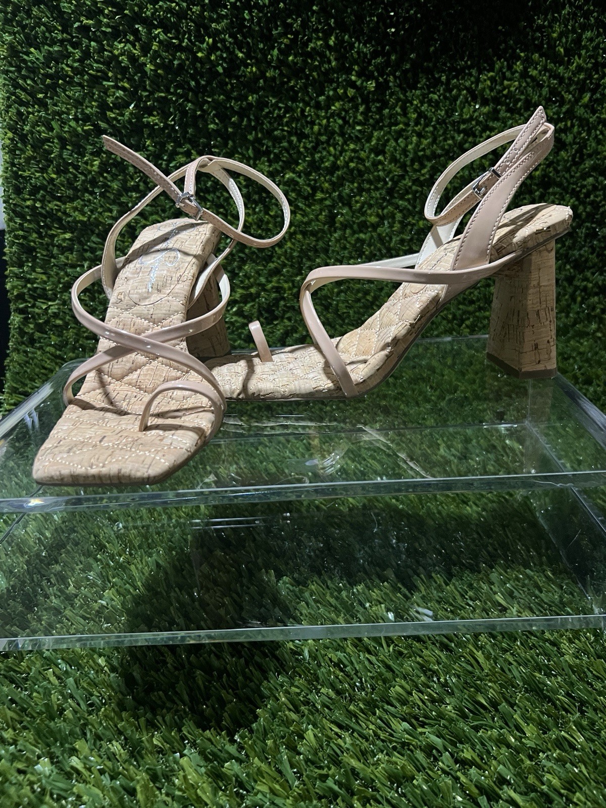 Jessica Simpson Nude Strappy Cork Block Square Toe Heels Size 7.5M