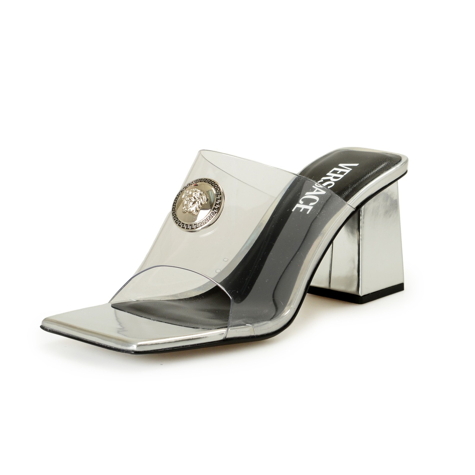 Versace Women’s Silver Leather Transparent Heeled Sandals Mules Shoes US 6 IT 36